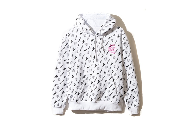 playboy white label anti social social club collaboration collection july 13 2018 white hoodie rabbit head bunny print bow tie branding