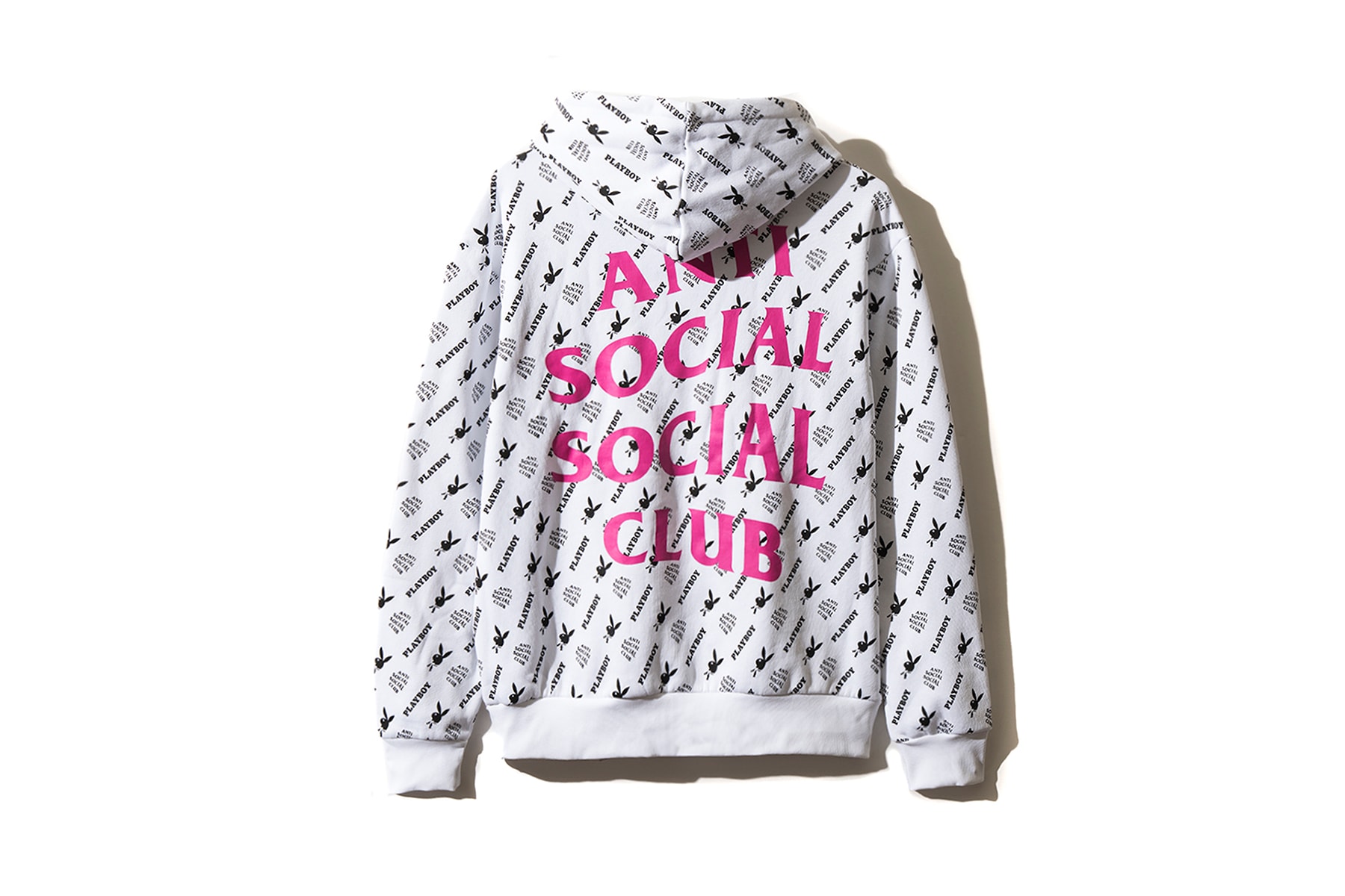 playboy white label anti social social club collaboration collection july 13 2018 white hoodie rabbit head bunny print bow tie branding logo pink