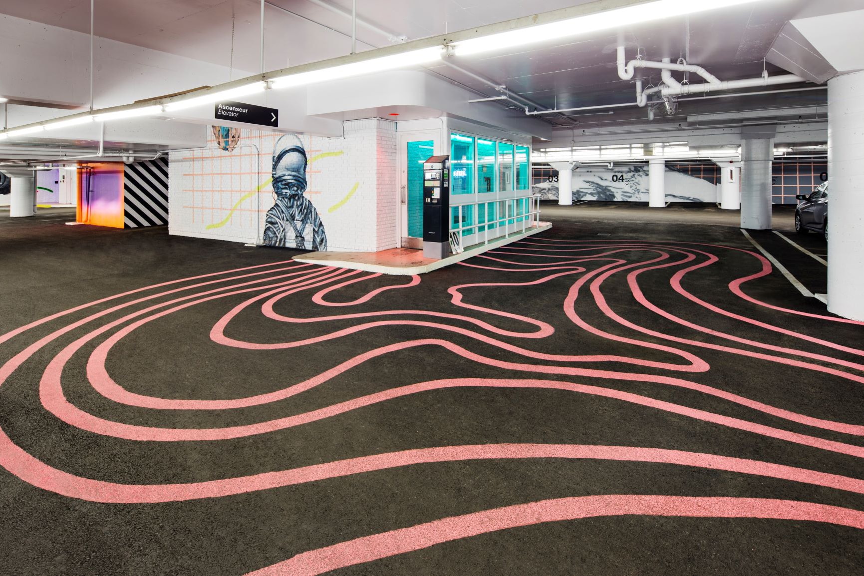 cyrcle lune rouge lndmrk underground parking garage installation murals artworks street art paintings