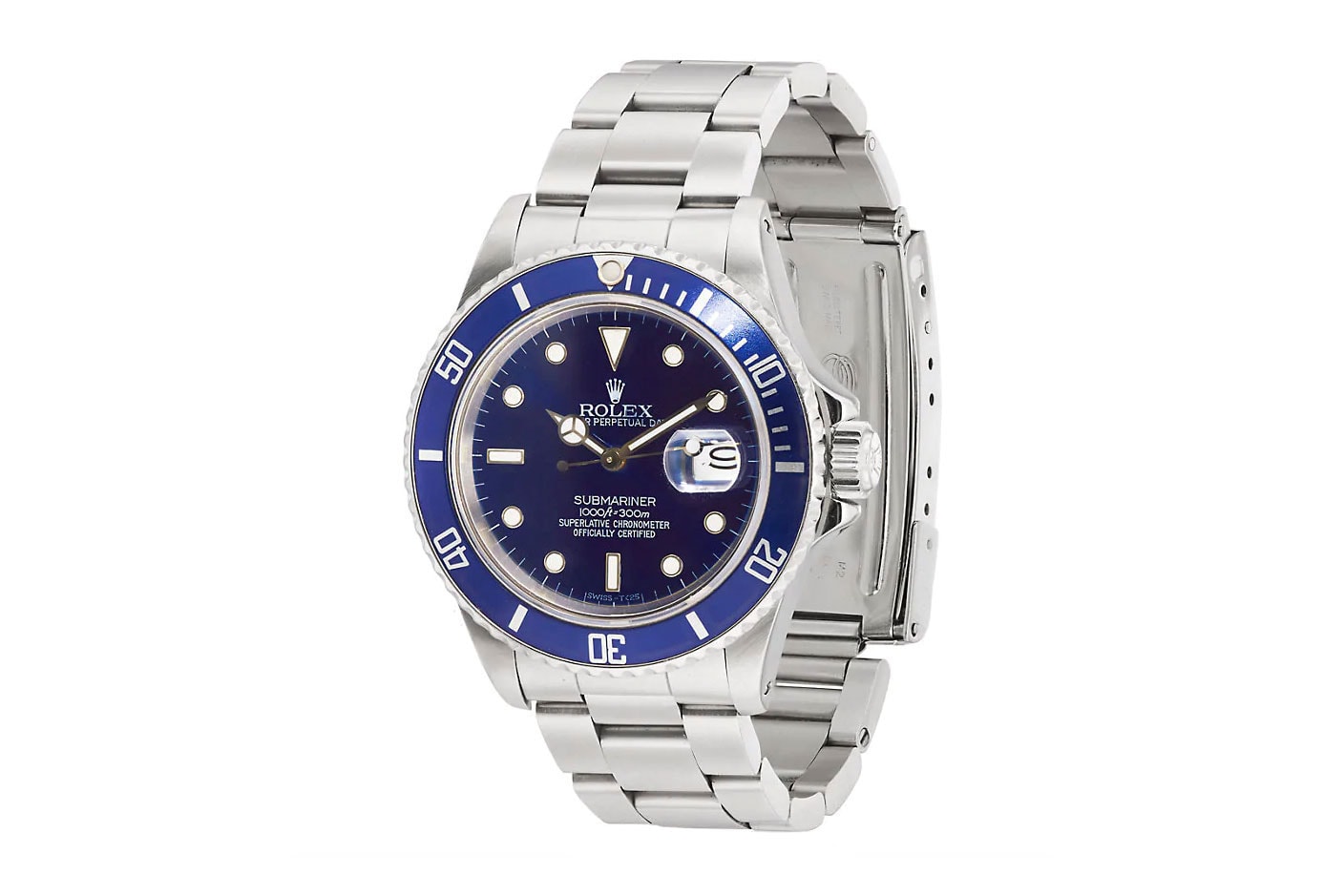 Rolex Submariner 1990 Perpetual Date Barneys sale sold 10900 usd price vintage rare blue case stainless steel case