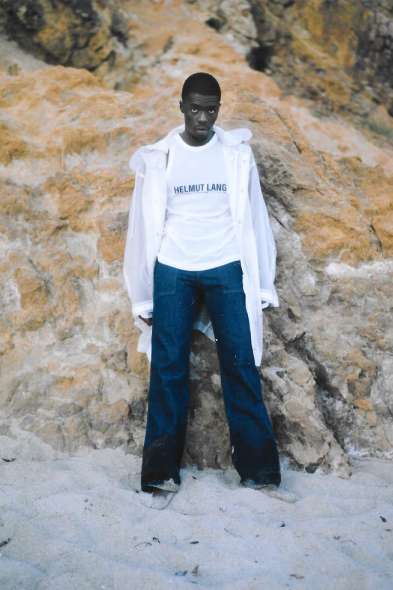 sheck wes helmut lang fall 2018 cian moore collection look style winter jeans tee shirt logo tank top fur collar jacket