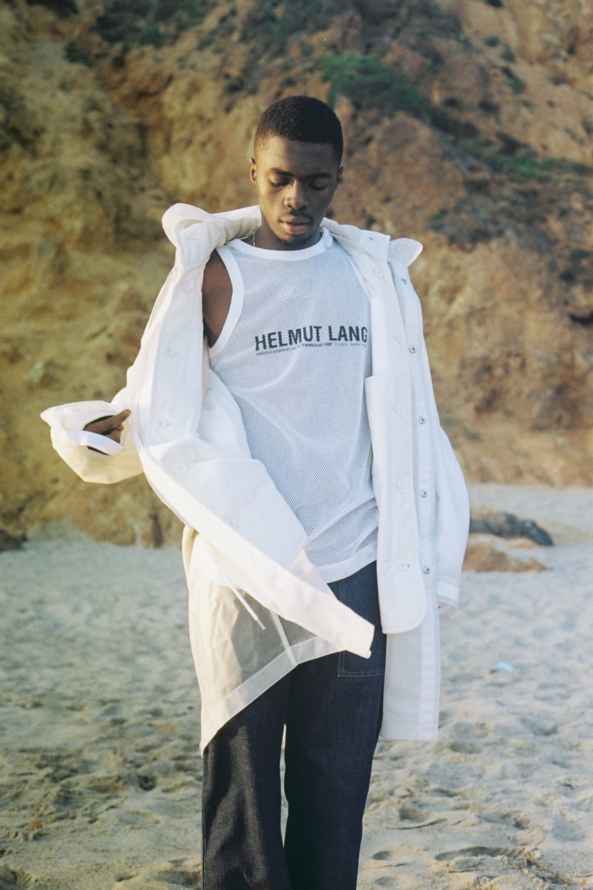 sheck wes helmut lang fall 2018 cian moore collection look style winter jeans tee shirt logo tank top fur collar jacket
