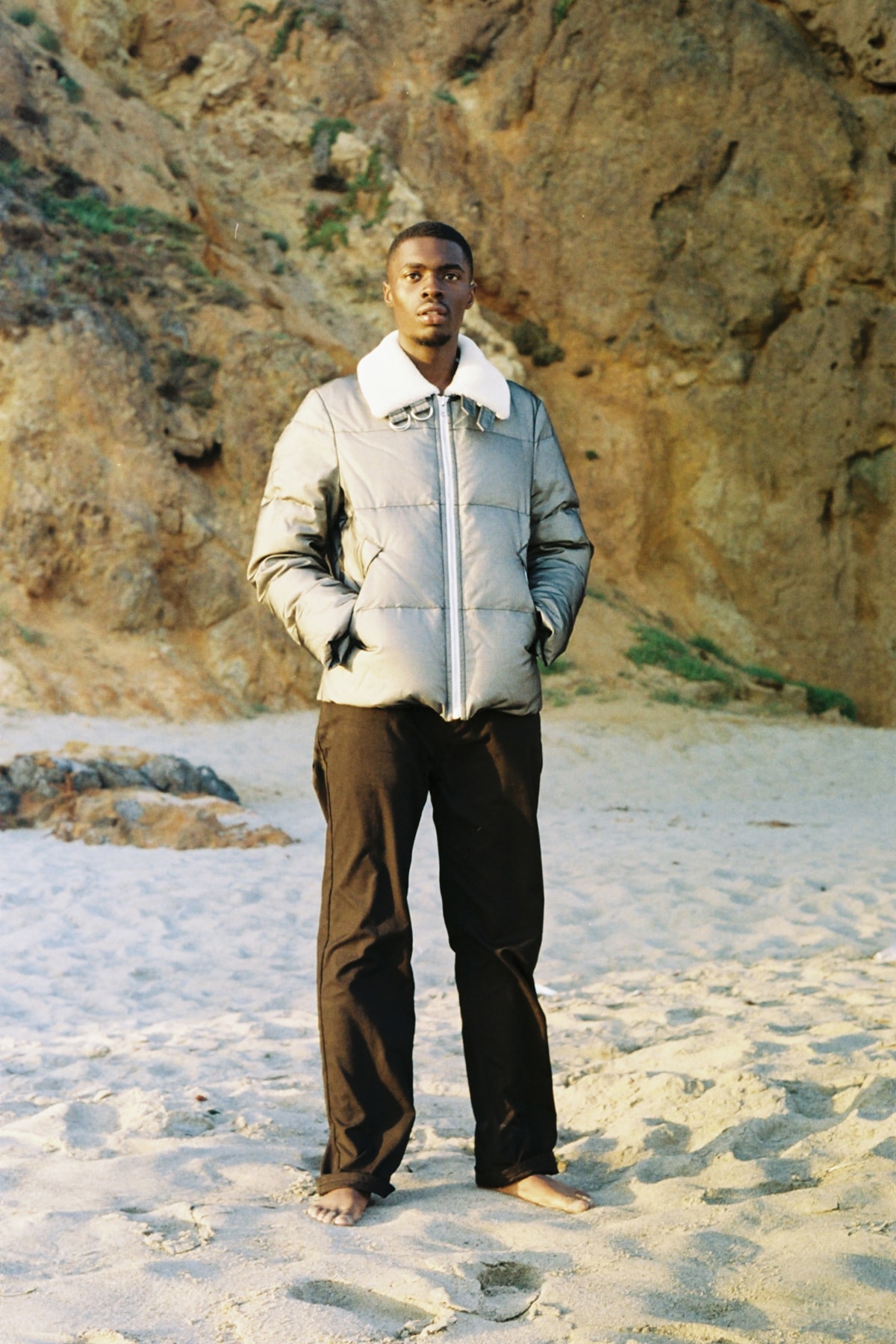 sheck wes helmut lang fall 2018 cian moore collection look style winter jeans tee shirt logo tank top fur collar jacket