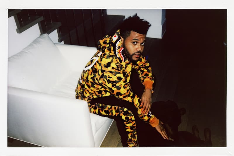 the weeknd bape collaboration collection lookbook august 4 2018 xo logo back shark hoodie camouflage black pants pattern