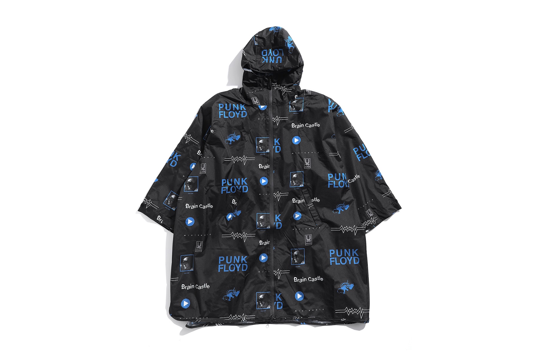undercover kiu collaboration july 21 2018 printed raincoat black blue punk floyd brain castle zipper pocket