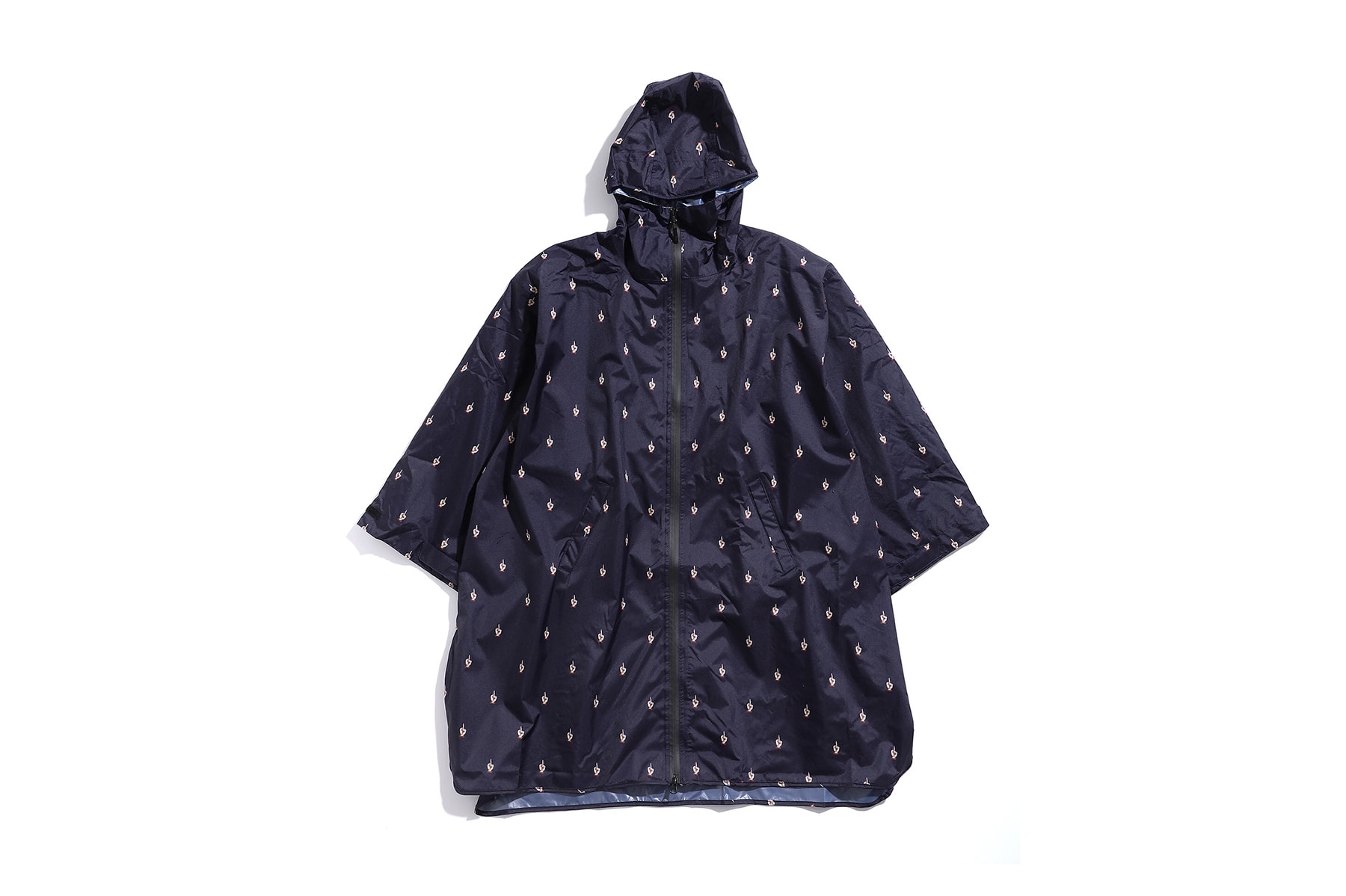 undercover kiu collaboration july 21 2018 printed raincoat blue navy middle finger graphic zipper pocket