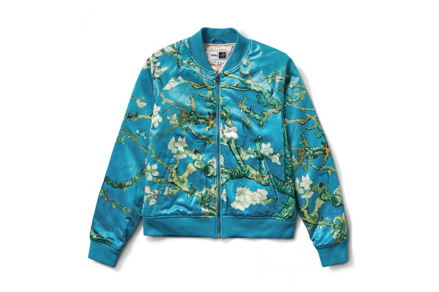 vincent van gogh museum vans collaboration artwork satin bomber varsity jacket almond flower blue blossom
