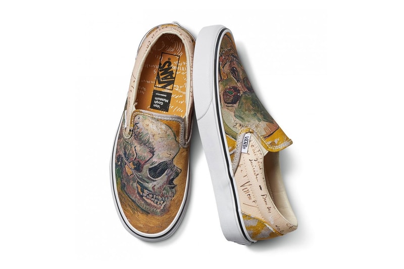 vincent van gogh museum vans collaboration artwork sneaker shoe skull painting print white orange slip on