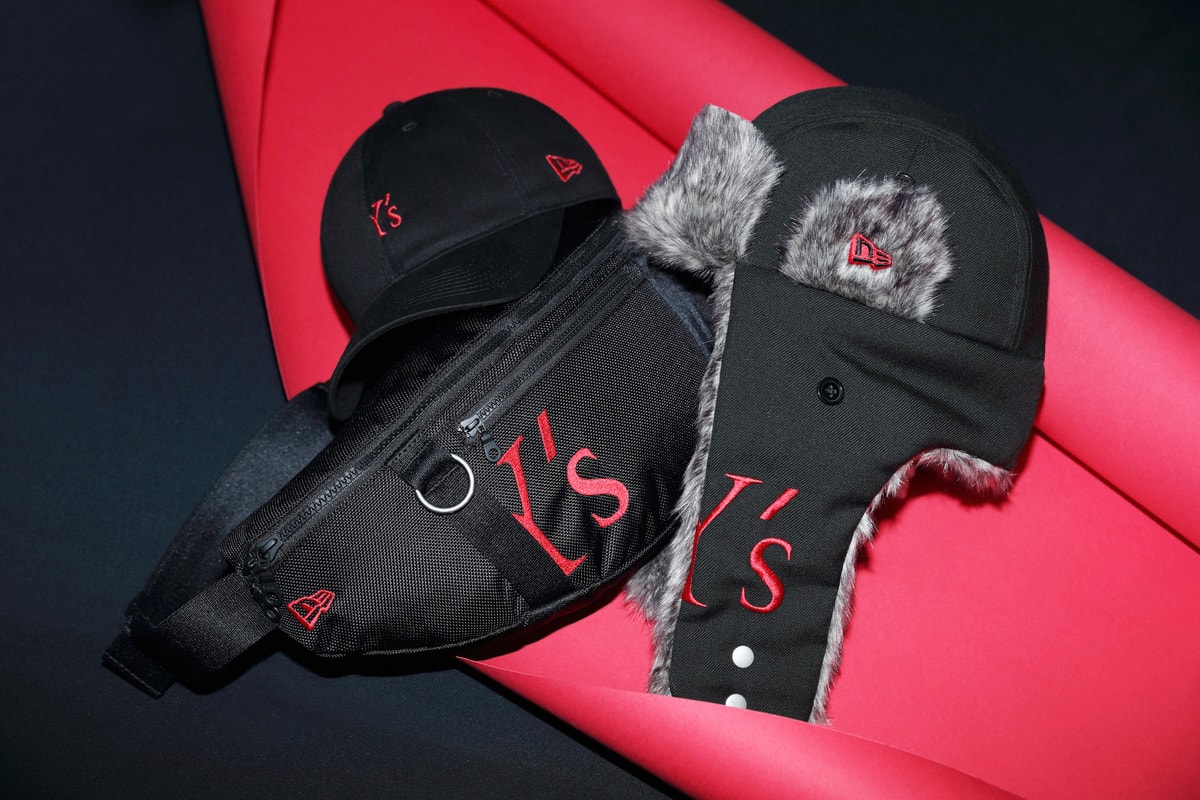 y's yohji yamamoto new era collaboration the trapper fuzzy furry hat waist fanny pack bag shoulder branding logo curved brim cap hat black red japan collection fall winter august 2018 3 drop release date buy purchase sale sell