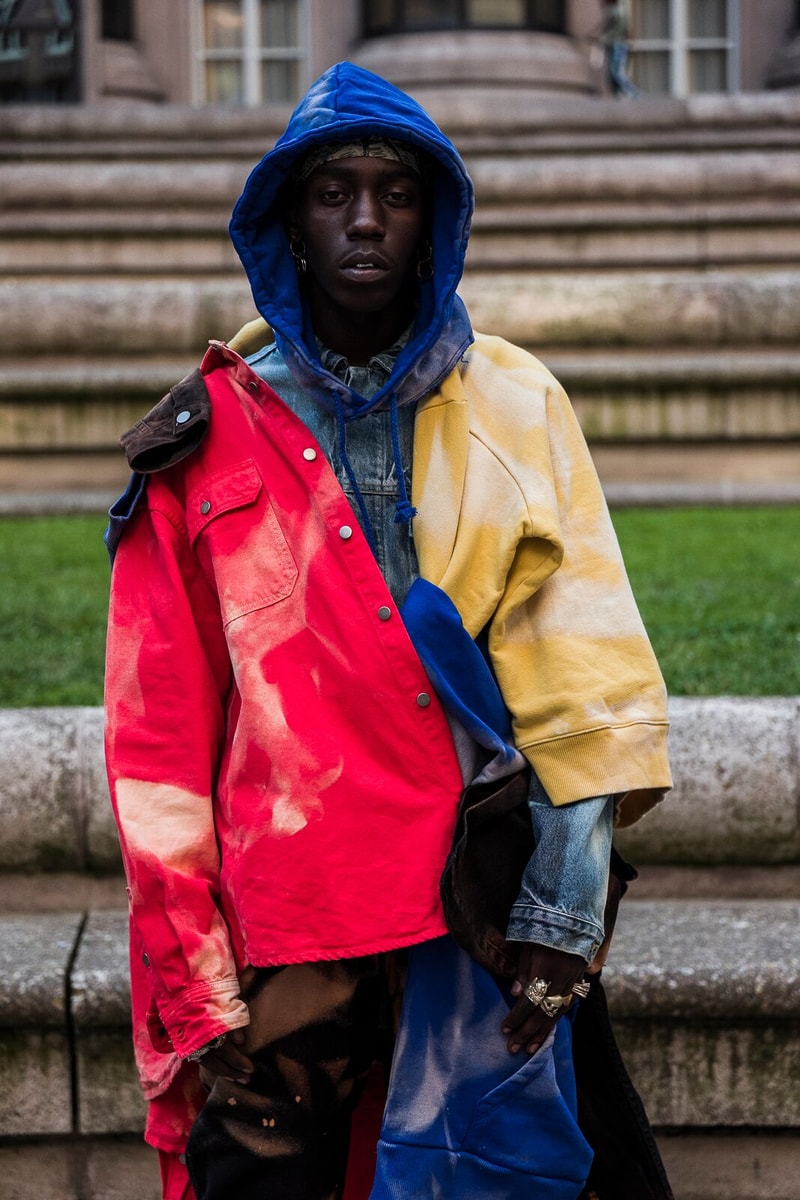 Lookbook 424 ARMES 2018 Collection collaboration red yellow brown orange denim jacket pants hoodie sweatshirt bleached thomas koenig