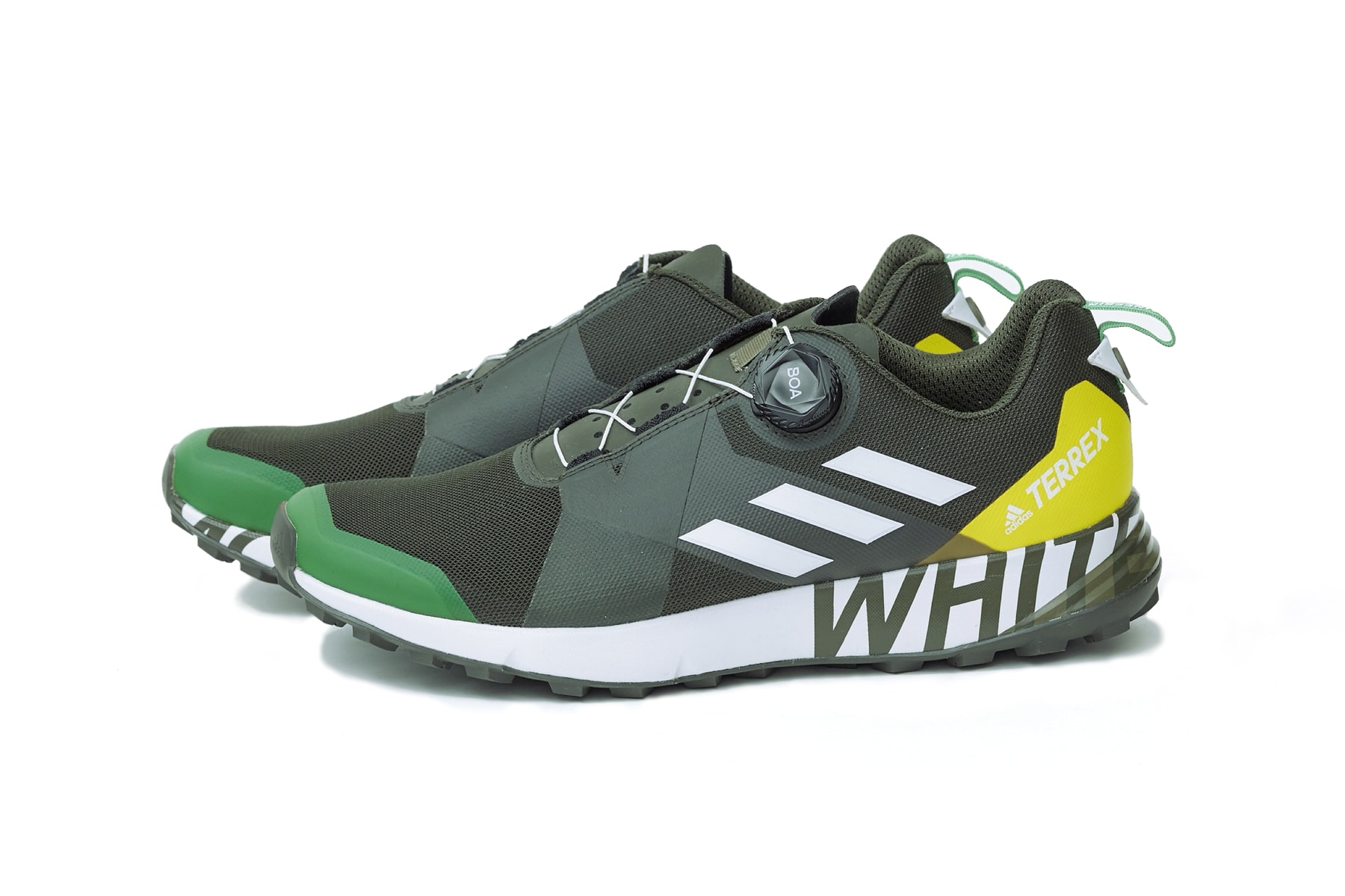 white mountaineering adidas terrex sneakers boa khaki green black white branding logo boa system lace trail shoe drop release date collaboration fall winter 2018 collection august 11 2018 japan web store purchase sale sell debut