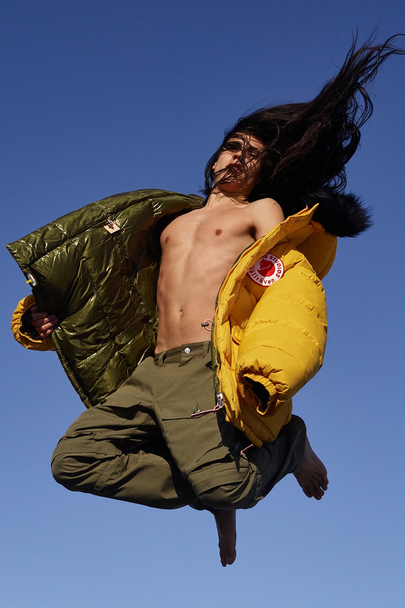 Acne Studios Fjällräven Collab Lookbook Collaboration Collection Fashion Clothing Cop Purchase Buy Available Soon Kanken Hiking Exploration Backpack T-shirt Coat Jacket Trousers Zip Shorts Sleeping Bag Camouflage Swedish