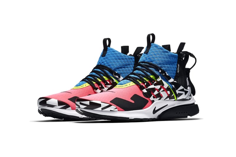 acronym nike air presto mid nike sportswear 2018 september racer pink photo blue white black footwear colorway houndstooth pattern