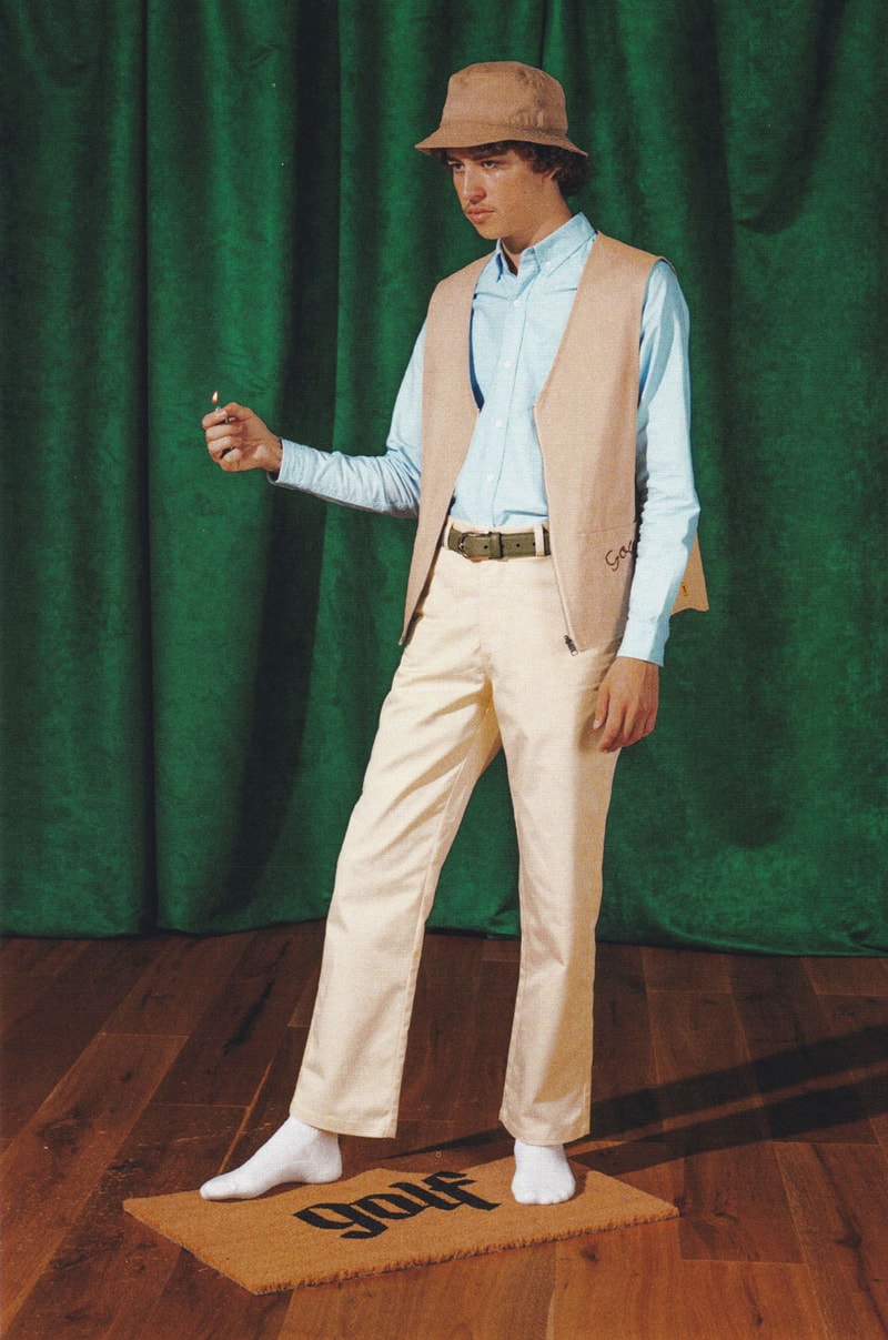 golf wang fall 2018 lookbook collection beige chino pants socks white bucket hat vest white long sleeve shirt logo print black belt