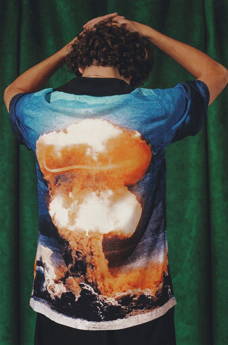 golf wang fall 2018 lookbook collection shirt explosion mushroom cloud nuclear atomic bomb blue orange black white black pants shorts