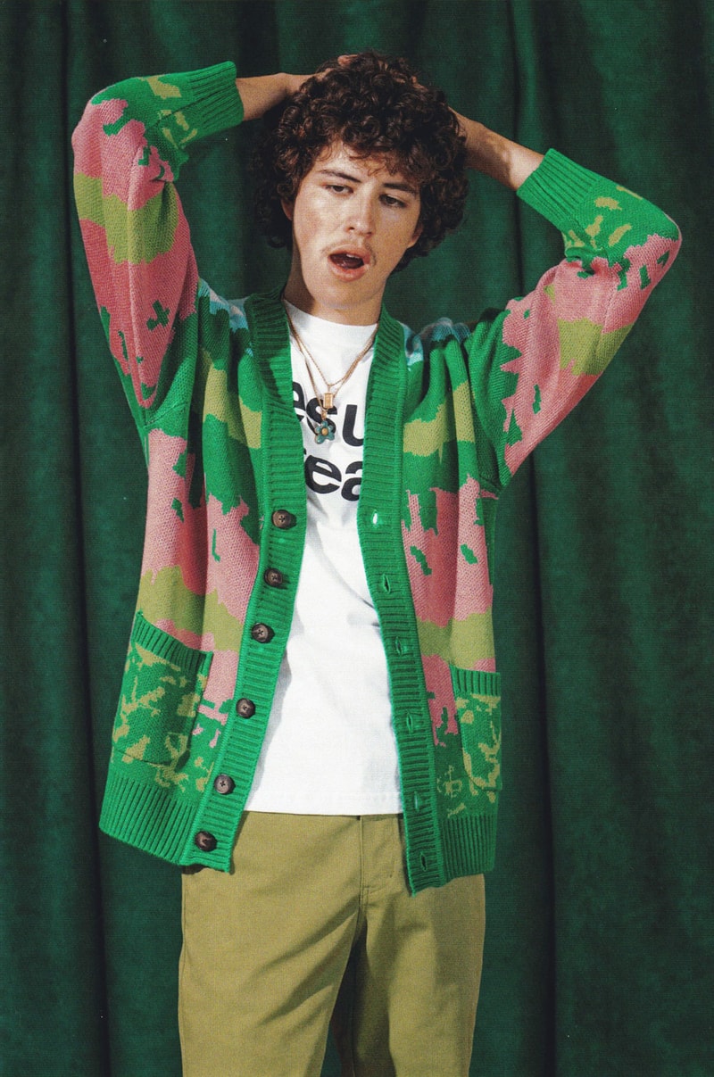 golf wang fall 2018 lookbook collection knit pattern cardigan tee shirt chino pants beige green pink blue red necklace jewelry gold