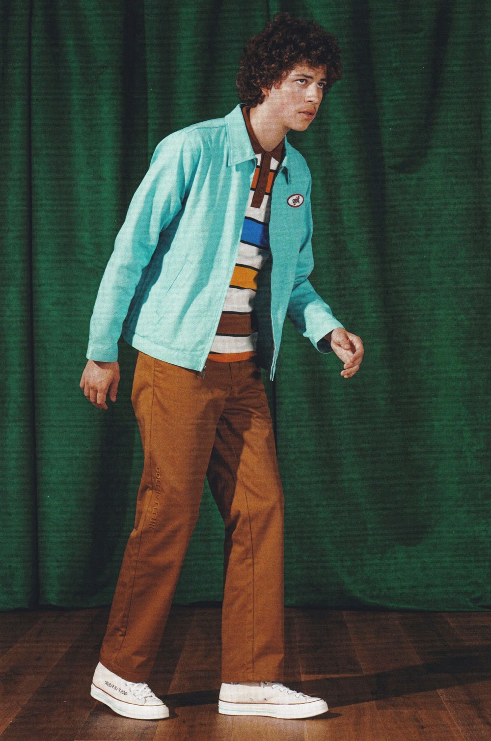 golf wang fall 2018 lookbook collection orange converse sneaker pants chino embroidery logo work harrington jacket blue pink patch polo rugyby shirt stripe green white red blue black border