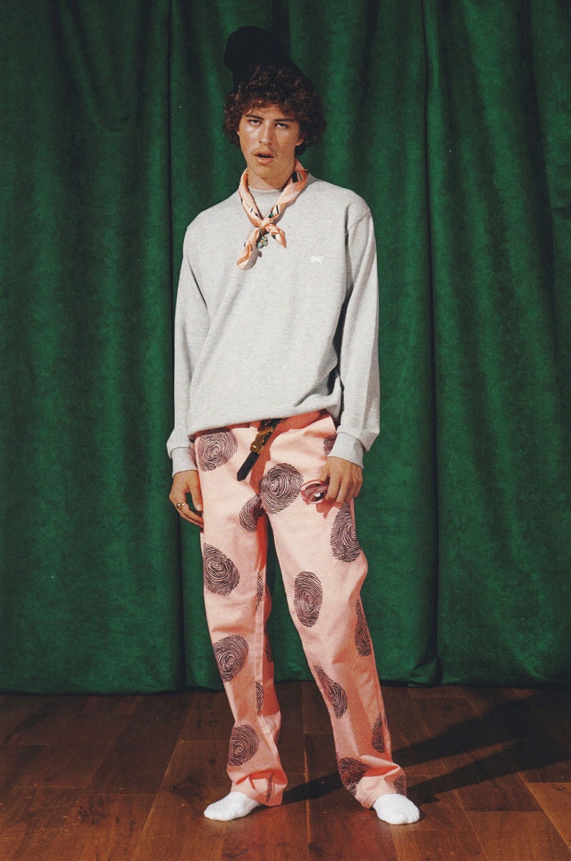 golf wang fall 2018 lookbook collection pattern pants grey sweater jumper pullover fingerprint bandana neckerchief tie black hat cap