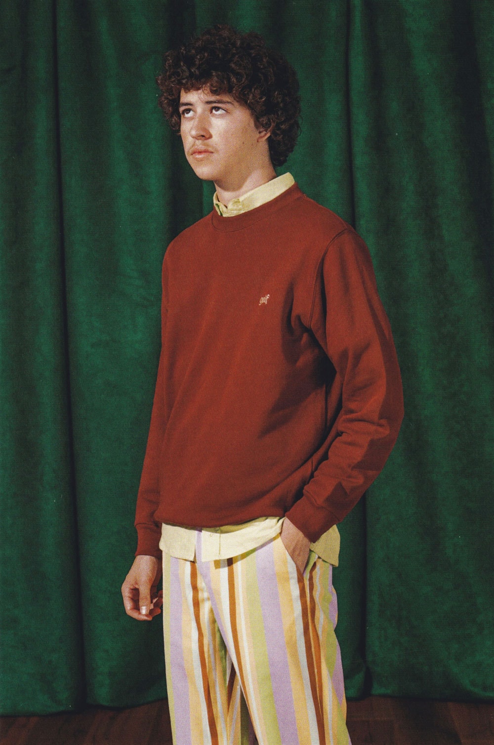 golf wang fall 2018 lookbook collection red pullover jumper sweater vertical stripe pants shirt yellow pink orange chest embroidery branding logo one point