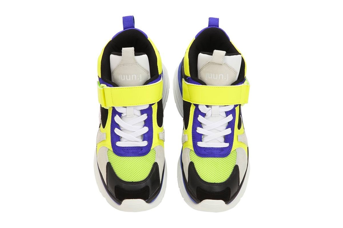 JUUN.J Chunky Leather Strap Trainer black yellow blue white release info