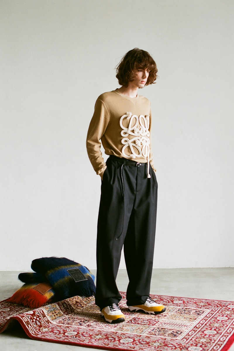 LOEWE Fall/Winter 2018 Jonathan JW Anderson Editorial Dinosaur Forest Green Rope Anagram Sweatshirt Beige Shoes Trainers Sneakers Kicks Fashion Clothing Cop Purchase Buy Available HBX
