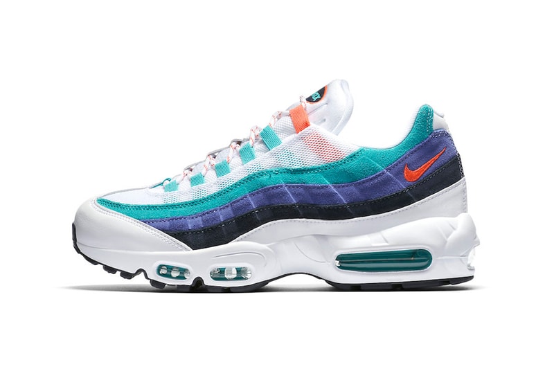 Nike Air Max 95 White Teal Sneaker Details Flash Crimson Hyper Jade Shoes Trainers Kicks Footwear Cop Purchase Buy Available $160 USD