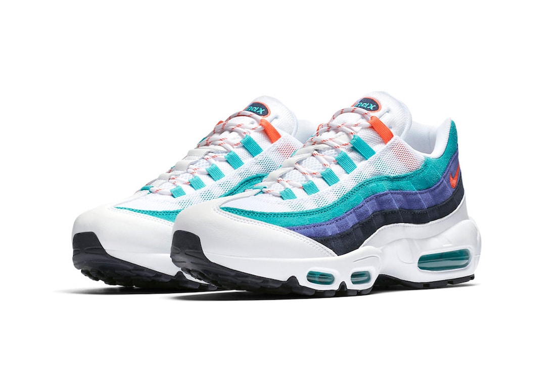 Nike Air Max 95 White Teal Sneaker Details Flash Crimson Hyper Jade Shoes Trainers Kicks Footwear Cop Purchase Buy Available $160 USD