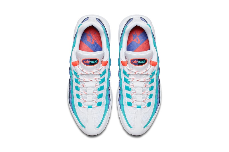 Nike Air Max 95 White Teal Sneaker Details Flash Crimson Hyper Jade Shoes Trainers Kicks Footwear Cop Purchase Buy Available $160 USD