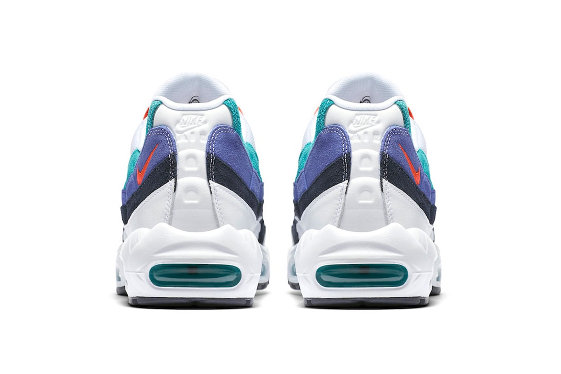 Nike Air Max 95 White Teal Sneaker Details Flash Crimson Hyper Jade Shoes Trainers Kicks Footwear Cop Purchase Buy Available $160 USD