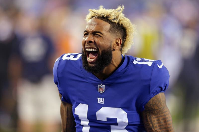odell beckham jr 2018 nfl sports august new york giants footvall scream jersey blonde hair field game blue home away