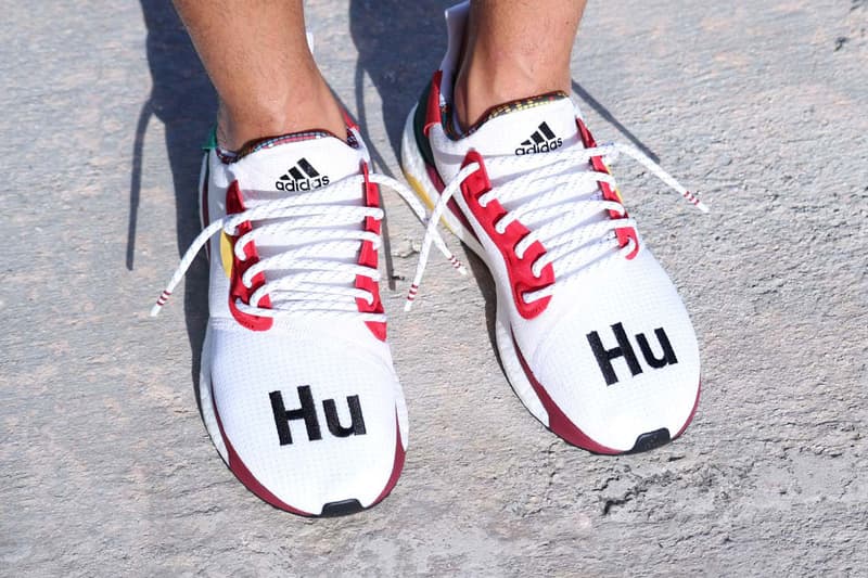 Pharrell Williams adidas Solar Hu Glide ST White red black stripe hu collaboration exclusive drop release on foot