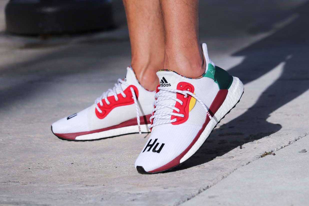 Pharrell Williams adidas Solar Hu Glide ST White red black stripe hu collaboration exclusive drop release on foot