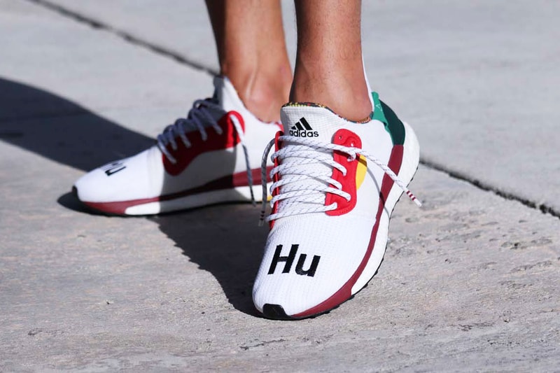Pharrell Williams adidas Solar Hu Glide ST White red black stripe hu collaboration exclusive drop release on foot