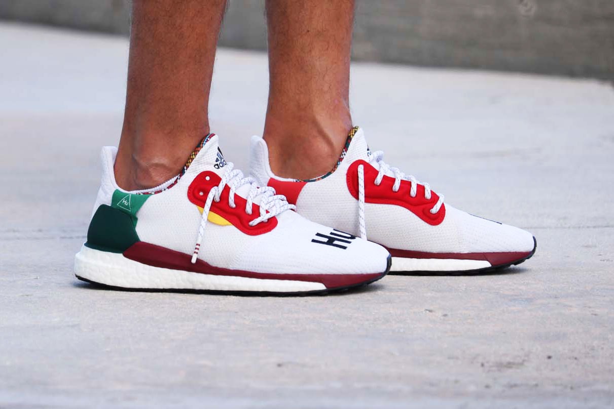 Pharrell Williams adidas Solar Hu Glide ST White red black stripe hu collaboration exclusive drop release on foot