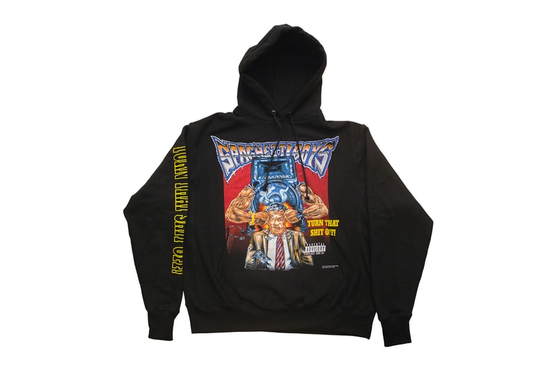 spaghetti boys TURN THAT SHiT OFF capsule collection earplugs champion sweat shorts hoodie dickes work jacket coverall tee shirt print graphic drop release buy purchase black