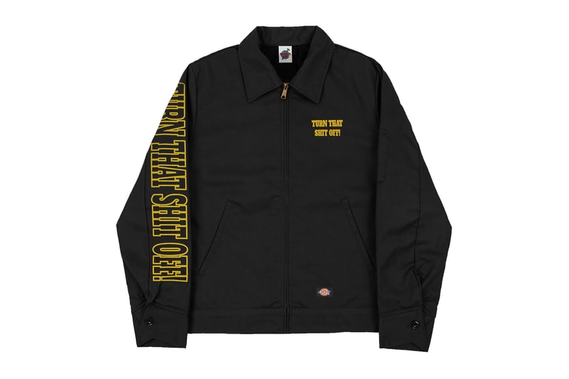 spaghetti boys TURN THAT SHiT OFF capsule collection earplugs champion sweat shorts hoodie dickes work jacket coverall tee shirt print graphic drop release buy purchase black