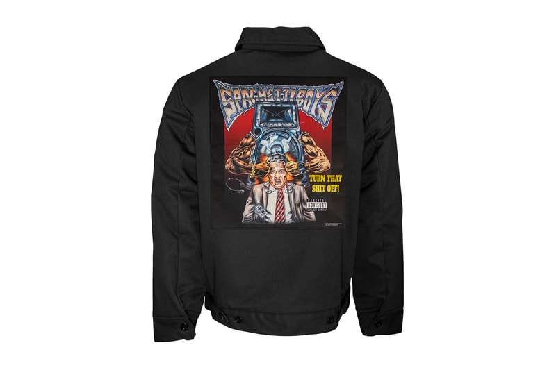 spaghetti boys TURN THAT SHiT OFF capsule collection earplugs champion sweat shorts hoodie dickes work jacket coverall tee shirt print graphic drop release buy purchase black