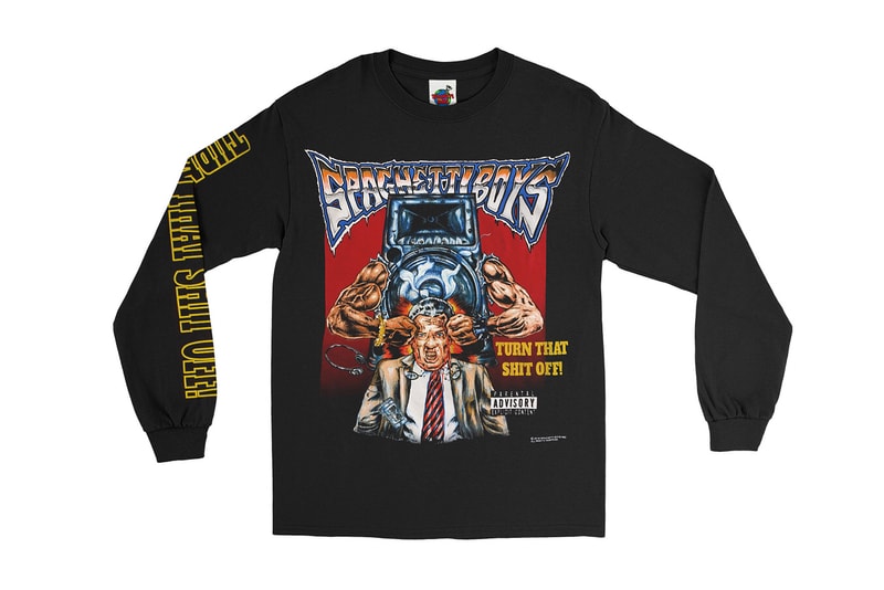 spaghetti boys TURN THAT SHiT OFF capsule collection earplugs champion sweat shorts hoodie dickes work jacket coverall tee shirt print graphic drop release buy purchase black