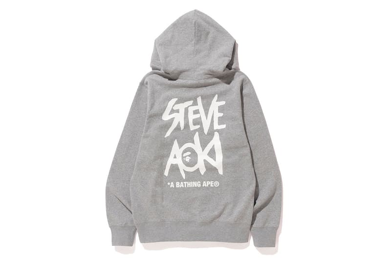 Steve Aoki BAPE Capsule Collection Green Camo DJ collaboration hoodie tee shirt graphic ape head grey black white