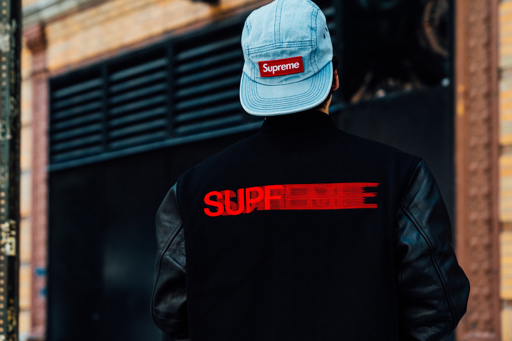 supreme fall winter 2018 drop day varsity jacket motion blur denim hat box logo