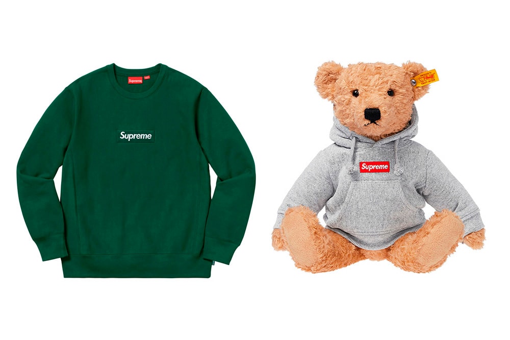 Most Difficult Supreme Fall/Winter 2018 Items to Buy box logo crewneck sweater teddy bear with supreme grey hoodie