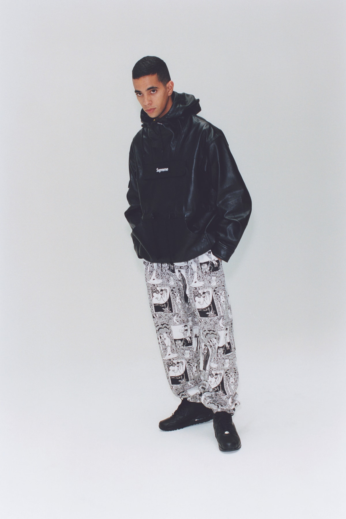 Supreme Fall/Winter 2018 Editorial Shoot Box Logo Graphic Pants Leather Jacket