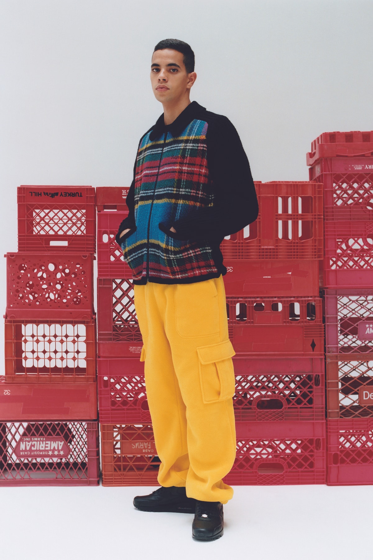 Supreme Fall/Winter 2018 Editorial Shoot Plaid Sweater Yellow Pants Crates