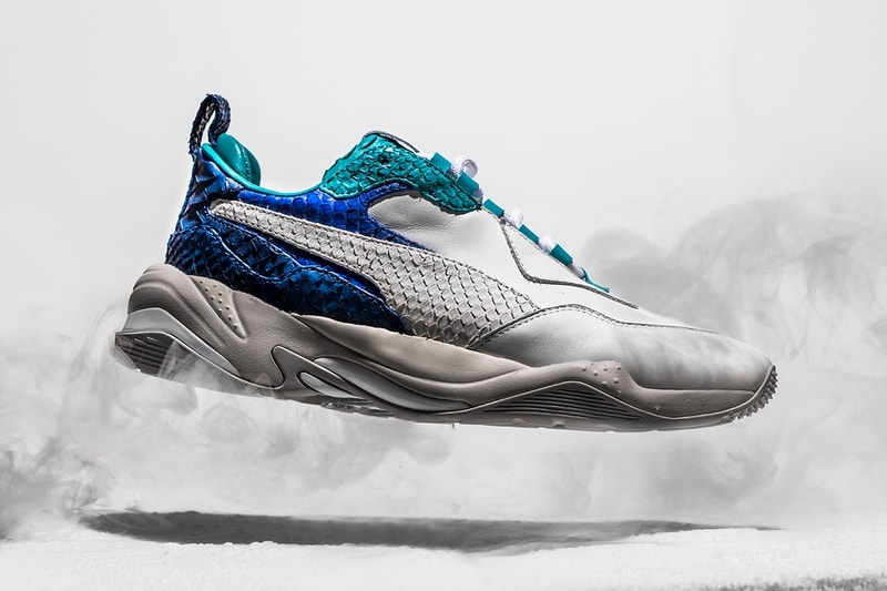The Shoe Surgeon PUMA Collide Thunder Desert Elements python leather custom sneakers black white aqua teal red orange