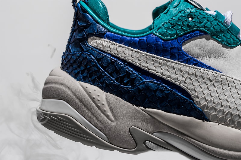 The Shoe Surgeon PUMA Collide Thunder Desert Elements python leather custom sneakers black white aqua teal red orange