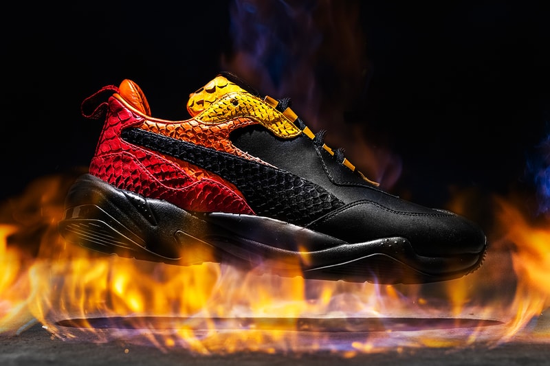 The Shoe Surgeon PUMA Collide Thunder Desert Elements python leather custom sneakers black white aqua teal red orange