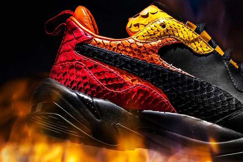 The Shoe Surgeon PUMA Collide Thunder Desert Elements python leather custom sneakers black white aqua teal red orange