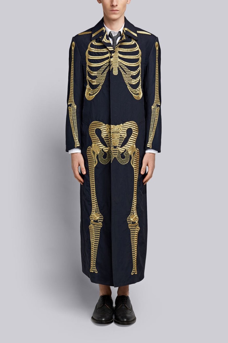 Thom Browne Overcoat W/ Gold Skeleton Embroidery