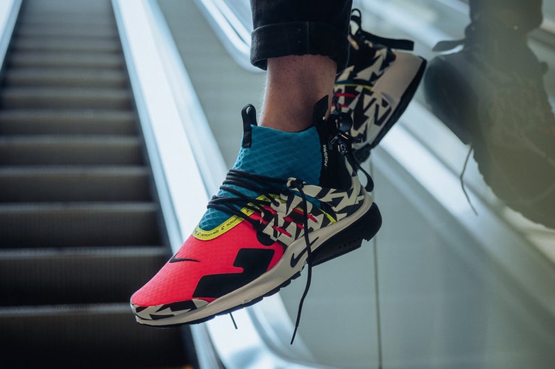 ACRONYM Nike Air Presto Mid On Foot Look Racer Pink Black Photo Blue White Dynamic Yellow Cool Grey