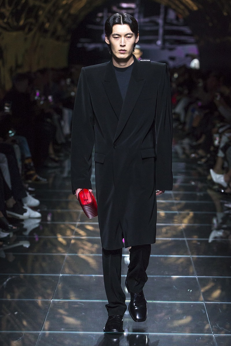 balenciaga runway spring 2019 collection paris fashion week men women demna gvasalia suit shoulder sneaker track dress logo